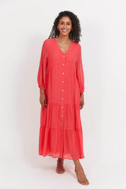 Baja Button Maxi Dress - Punch