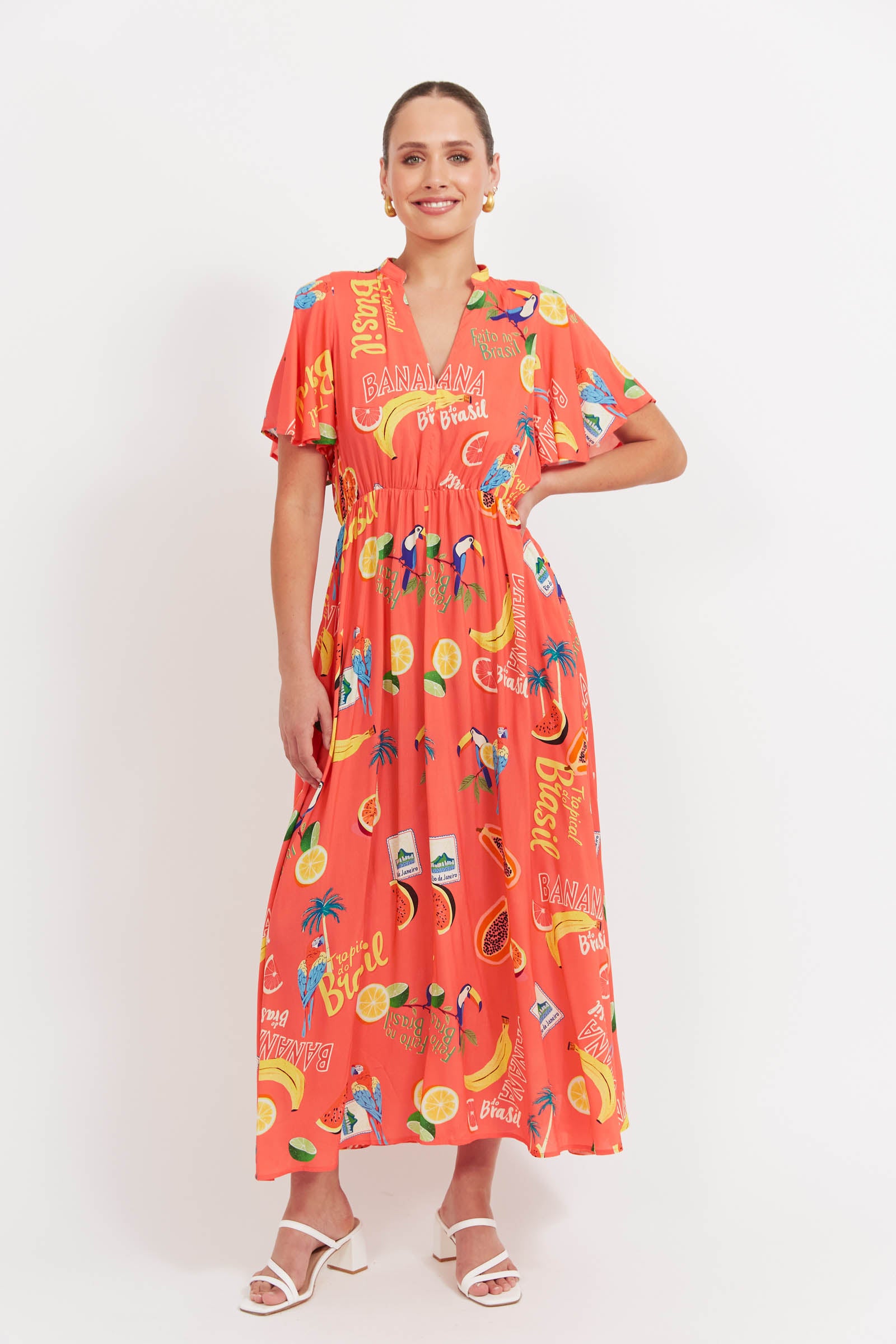 Cabana V Neck Maxi Dress - Brasil Coral