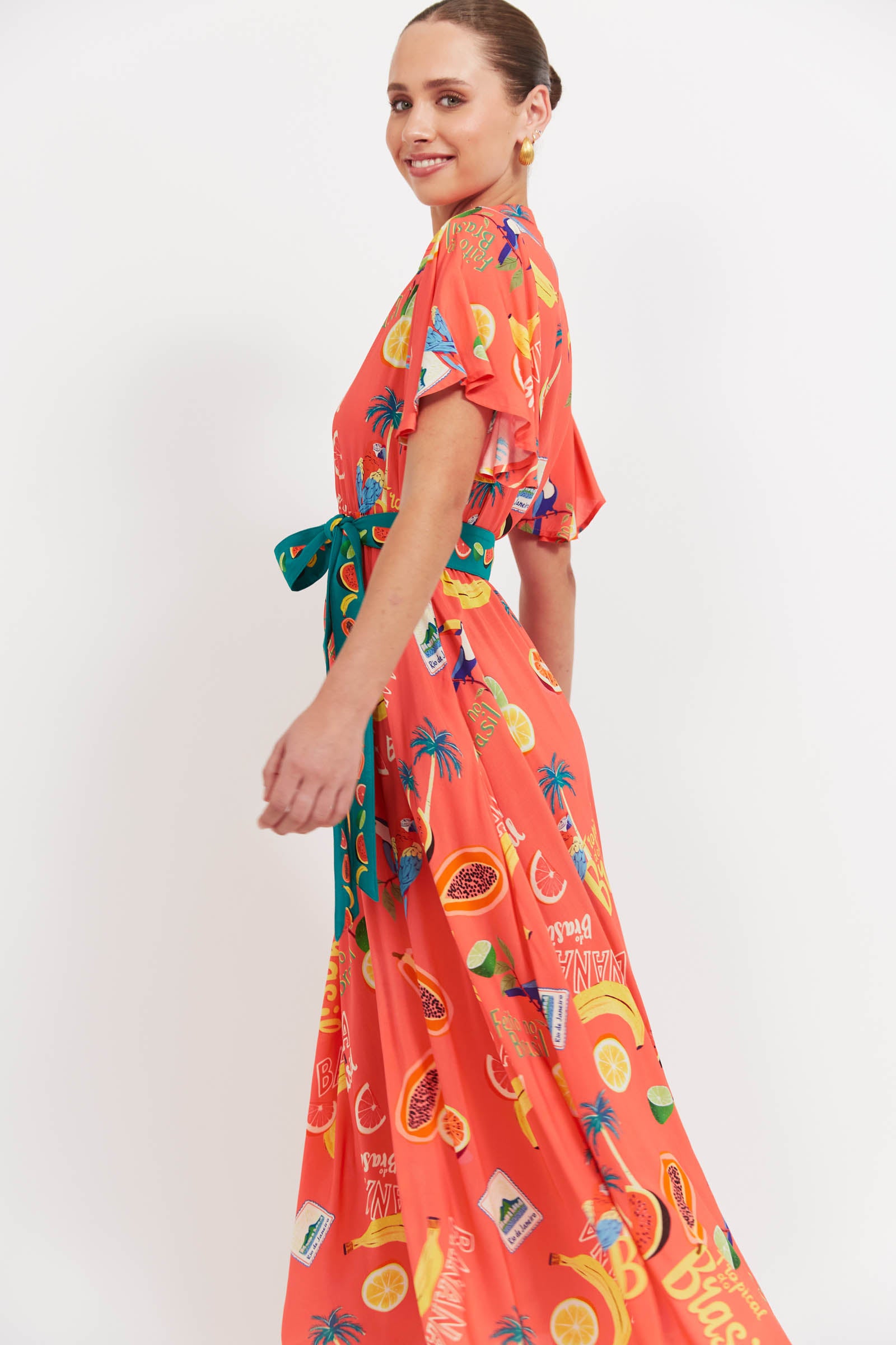 Cabana V Neck Maxi Dress - Brasil Coral