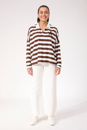 Columbus Stripe Polo Top - Brown