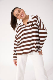 Columbus Stripe Polo Top - Brown