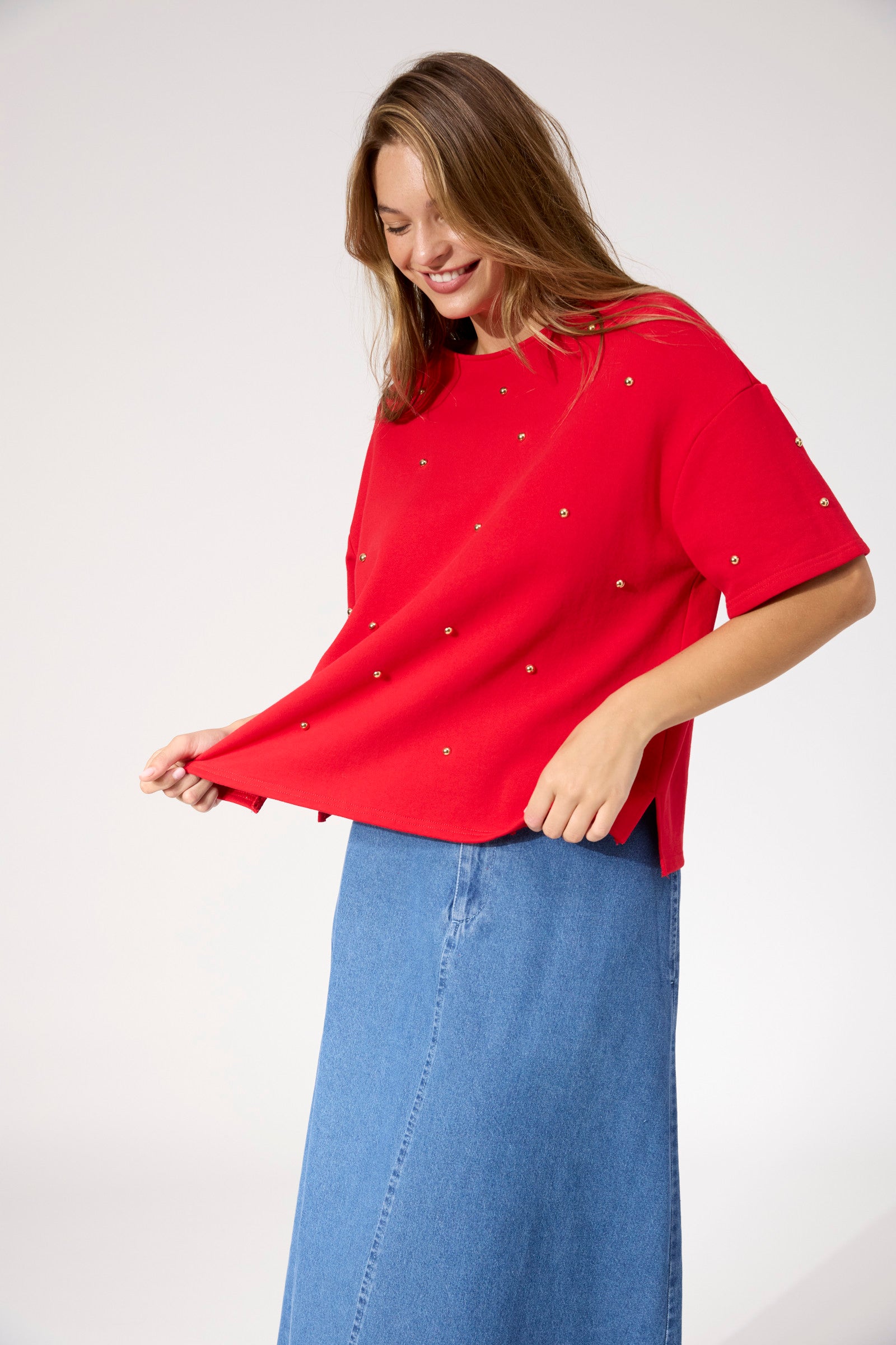 Boston Studded Sweat Tshirt - Red