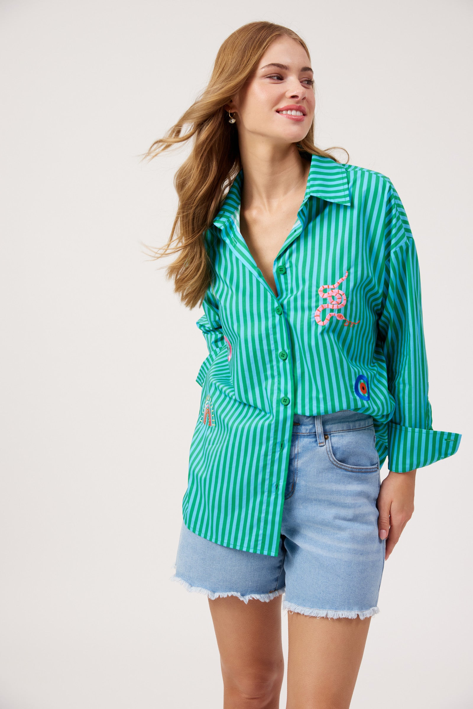 Mykonos Embroidered Stripe Shirt - Green