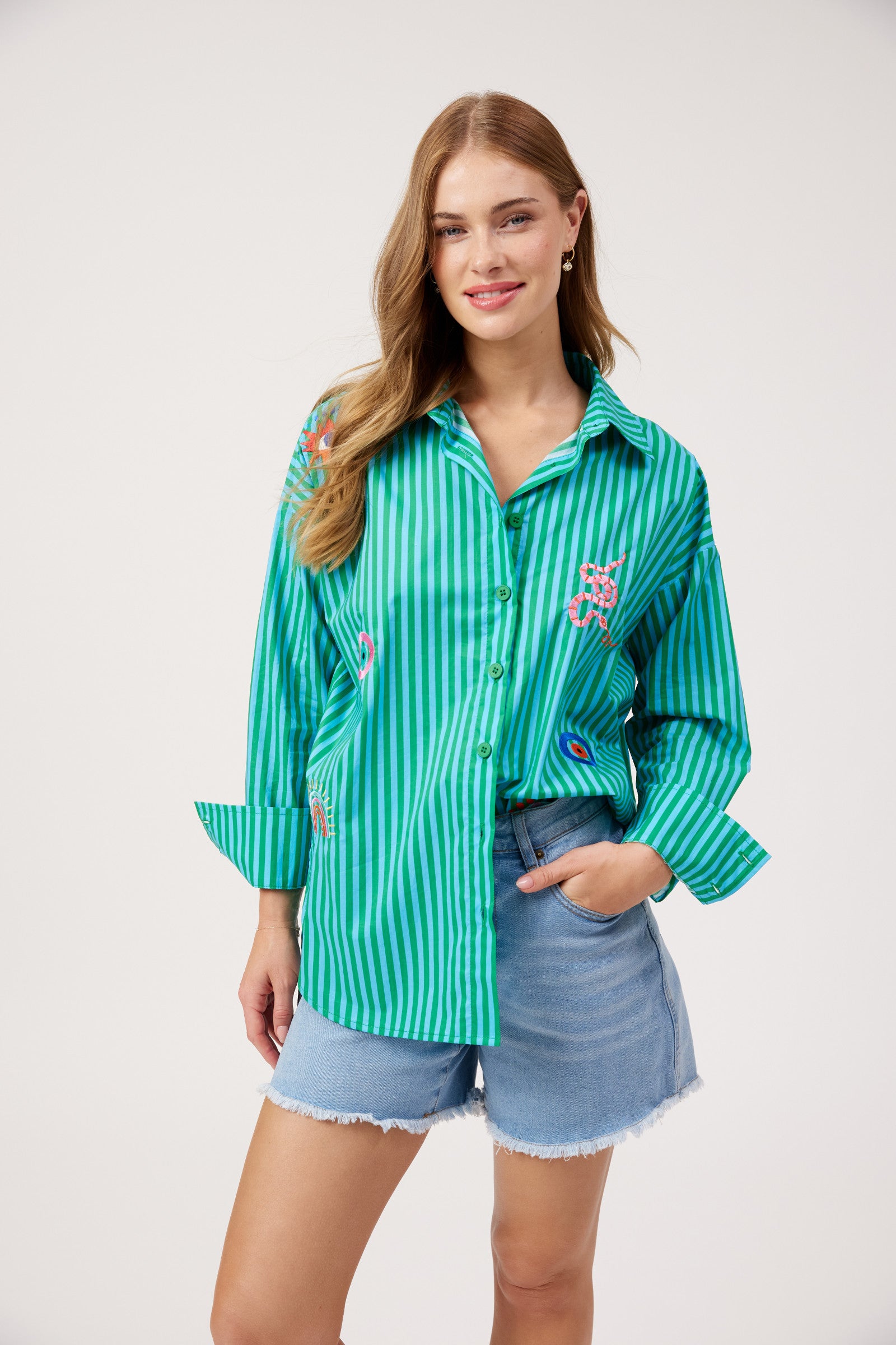 Mykonos Embroidered Stripe Shirt - Green