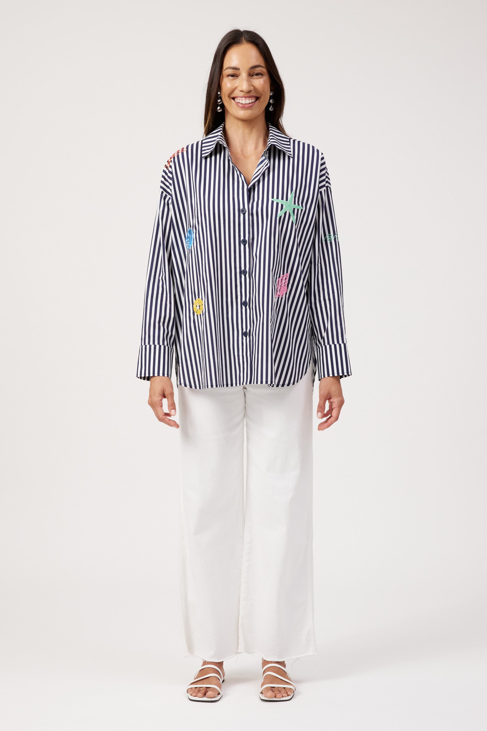 Mykonos Embroidered Stripe Shirt - Navy