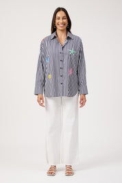 Mykonos Embroidered Stripe Shirt - Navy