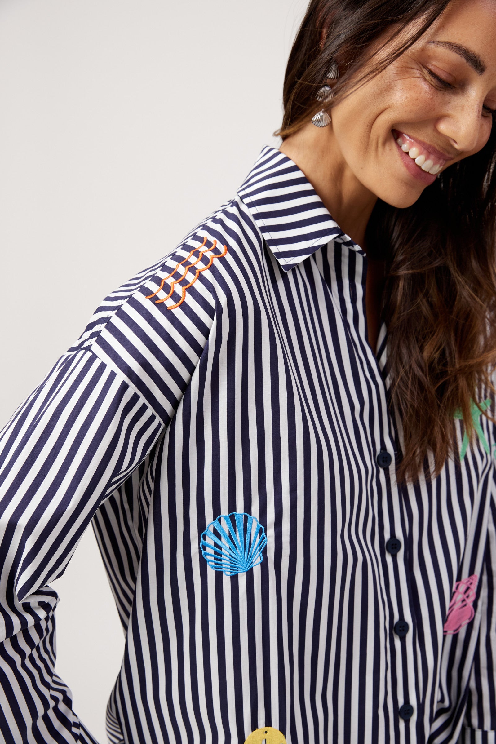 Mykonos Embroidered Stripe Shirt - Navy
