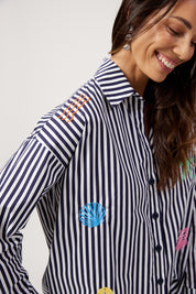Mykonos Embroidered Stripe Shirt - Navy