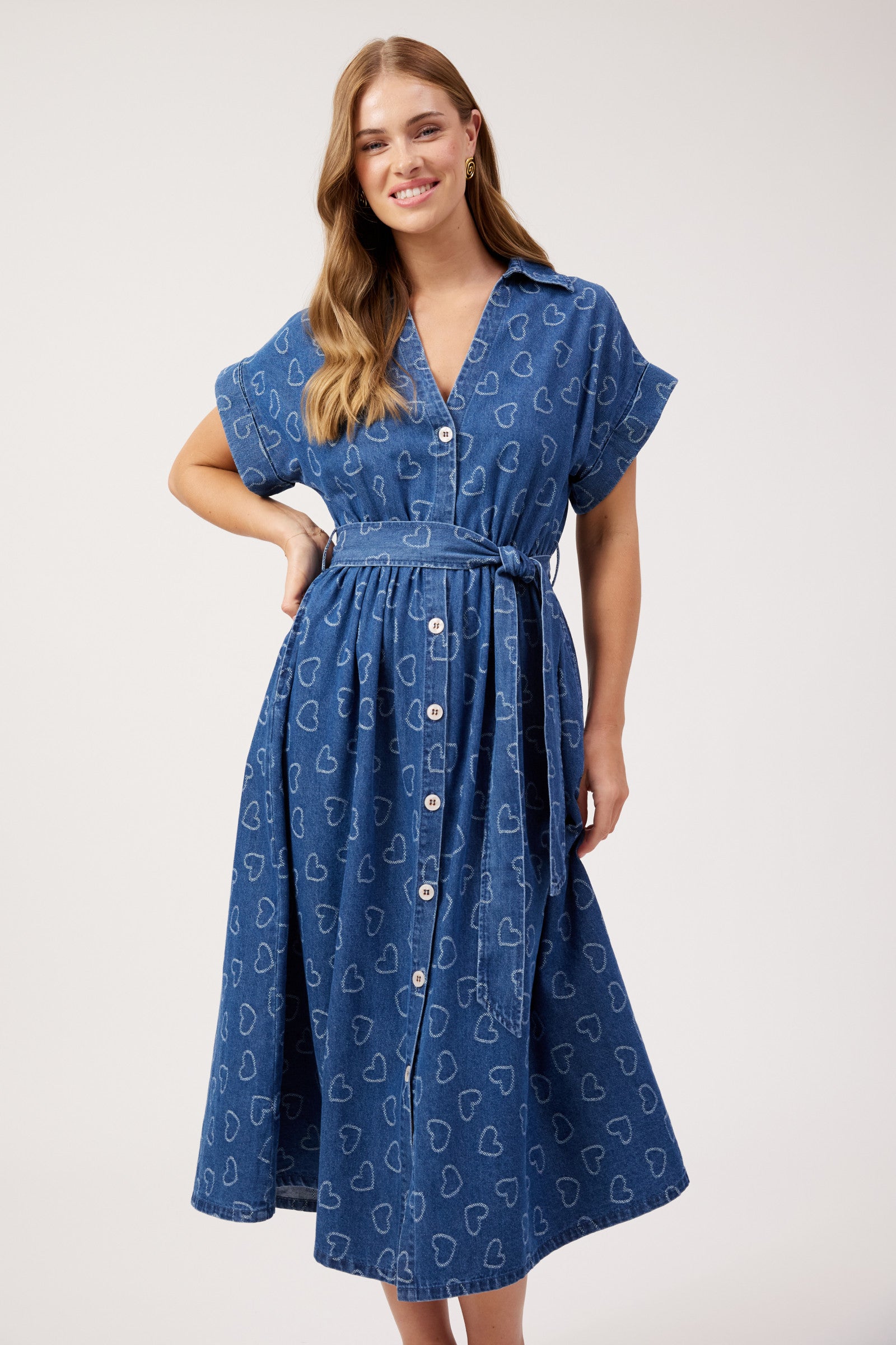 Sicily Heart Denim Shirt Dress - Indigo